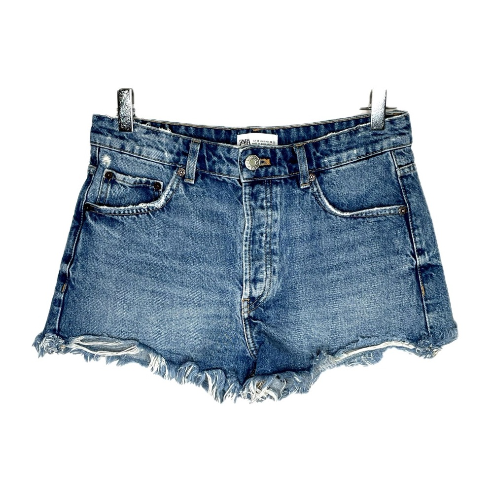 ZARA Denim Shorts Womens Size 6 High Rise Button Fly Rigid Cut Off Fringe Hem
